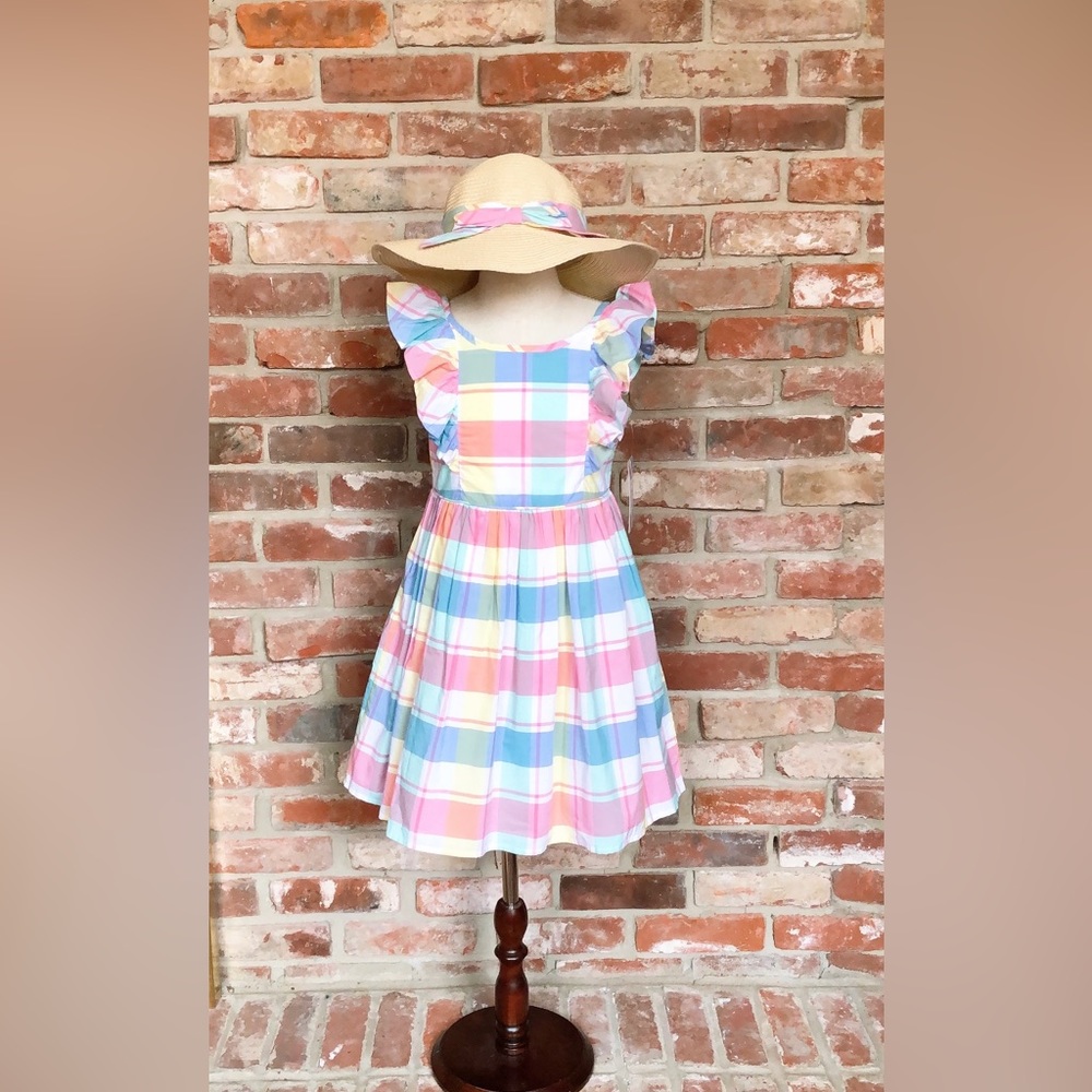 Tommy Bahama Sleeveless Ruffle Sun Dress & Straw Hat Set Girls 5 Pastel Plaid